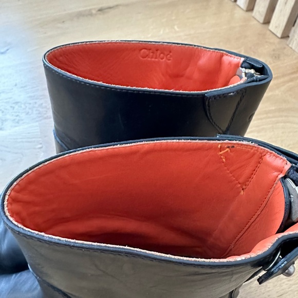 CHLOE Leather Boots, combat style with zipper calf height orange lining sz 37.5 - Picture 6 of 16